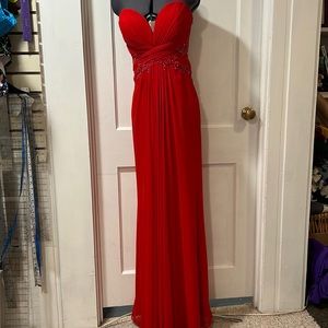 XSCAPE long red beaded strapless formal | prom | pageant | gala dress | gown